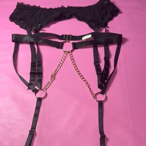Black Lace Garter Harness with Gold Chain Accent